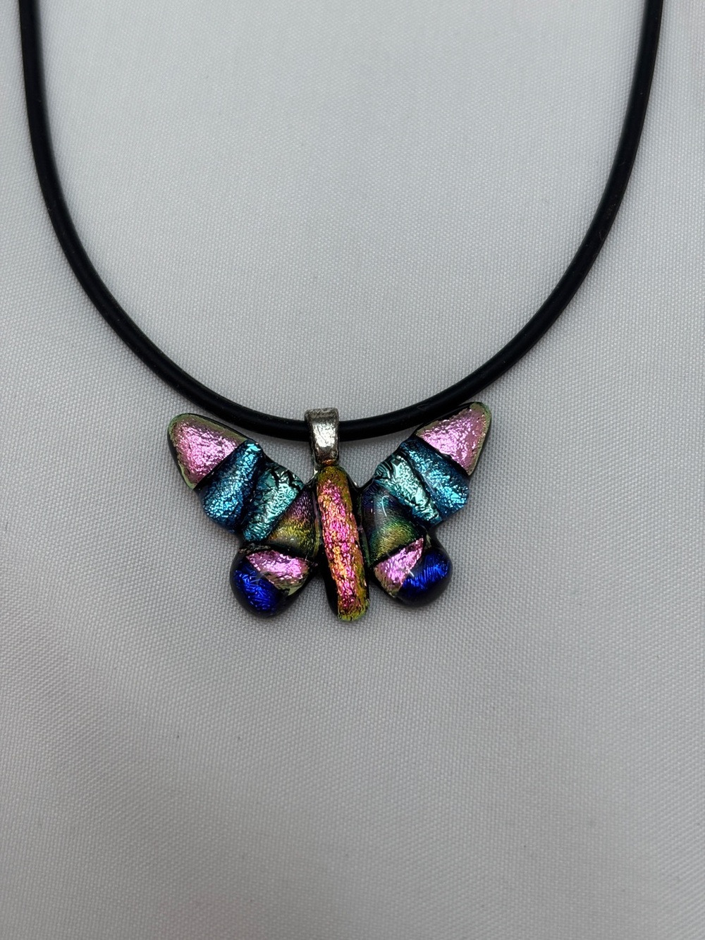 Handmade Dichroic Iridescent Multicolor Butterfly Pendant Necklace